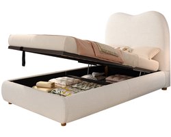 Merax Gestoffeerd Kinderbed 90 x 200 cm - Bed met Opbergruimte - Hydraulisch Functiebed - Lattenbodem Inbegrepen - Teddy Stof - Beige - Zonder Matras