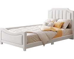 Merax Gestoffeerd Kinderbed 90x200 cm - Flanellen Slaapbank met Hoofdbord - Fluweel Multifunctioneel Bed - Beige