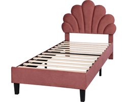 Merax Gestoffeerd Kinderbed 90x200 cm - Velvet Bed met Bloemvormig Verstelbaar Hoofdbord - Rood