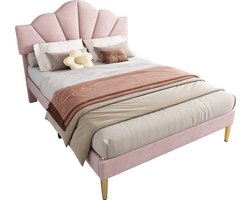 Merax Gestoffeerd Tweepersoonsbed 140x190 cm - Modern Bed met Schelpvormig Verstelbaar Hoofdbord - Velvet Bedframe - Roze met Goud