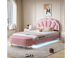 Merax Gestoffeerd Tweepersoonsbed 140x200 cm met Bedhocker Voetenbank - Zwevend Bedframe met LED-Verlichting en Uniek Hoofdbord - Fluwelen Stof - Roze met Goud