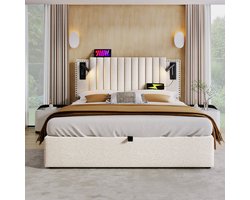 Merax Gestoffeerd Tweepersoonsbed 140x200 cm met Hydraulische Opbergruimte - Bedframe met Verstelbaar Hoofdbord Inclusief Leeslamp en USB Aansluiting - Beige