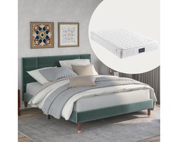 Merax Gestoffeerd Tweepersoonsbed 140x200 cm met Lattenbodem en Hoofdeinde in Donkergroen Fluweel - Inclusief Pocketveringmatras – Voor Volwassenen en Tieners
