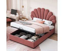 Merax Gestoffeerd Tweepersoonsbed 140x200 cm met Luxe Bloemen Hoofdbord - Linnen Bed met Hydraulische Opbergruimte en Verstelbaar Hoofdbord - Zacht Fluweel Roze