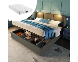 Merax Gestoffeerd Tweepersoonsbed 140x200 cm met Matras en Hydraulisch Opbergruimte - Kunstleer Bed met USB Aansluiting en Leeslamp