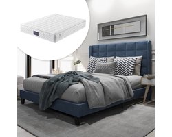 Merax Gestoffeerd Tweepersoonsbed 140x200cm met 7-Zone Koudschuim Matras - Luxe Bed met Lattenbodem - Blauw