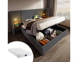 Merax Gestoffeerd Tweepersoonsbed 160x200 cm met 7-zone Matras en Nachtkastjes - Queensize Bed met USB-C Aansluiting en Leeslamp - Hydraulisch Opbergruimte - Grijs