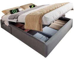 Merax Gestoffeerd Tweepersoonsbed 160x200 cm met USB- en Type-C-aansluiting - Bed met Opbergruimte - Volledig Lattenbodem - Zonder Hoofdbord - Linnen - Grijs