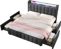 Merax Gestoffeerd Tweepersoonsbed 180 x 200 cm met Opbergruimte - Bed met USB en LED Verlichting - Grijs