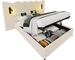 Merax Gestoffeerd Tweepersoonsbed 180x200 cm met Leeslamp en USB Type-C Oplaadfunctie – Bed met Opbergruimte en Lattenbodem van Massief Hout en Metaal - Beige-Wit Cordstof (Zonder Matras)
