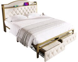 Merax Gestoffeerd Tweepersoonsbed met USB & USB-C Aansluiting en Lades - 140x200 cm - Beige met Goud - Bedframe met Metalen Lattenbodem