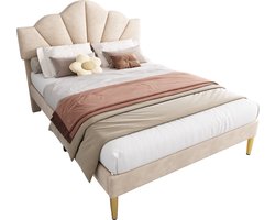 Merax Gestoffeerd Tweepersoonsbed van Fluweel 140x200 cm - Bed met Schelpvormig Verstelbaar Hoofdbord met Gouden IJzeren Poten - Beige