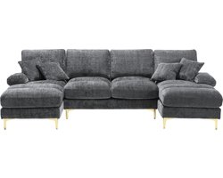 Merax Gestoffeerd U Zitbank - Bank voor 4 Personen - 4-zits Bankstel in Chenille Stof - Hoekbank - Grijs