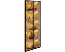 Merax Glazen Vitrinekast 62x35x160 met LED Verlichting – Eikenlook Bruin – Gehard Glas