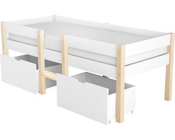 Merax Half Hoogslaper met Uitvalbescherming en 2 Lades - 90x190 cm - Kinderbed met Opbergruimte - Wit met Eiken Bruin