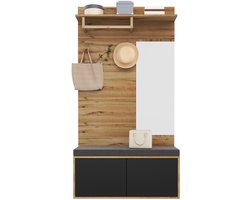 Merax Halmeubel - 100x38x190cm - Kapstok met Spiegel en Zitbank - Houten Garderobekast met Schoenenkast en Opbergruimte - Eikenhout met Zwarte Accenten
