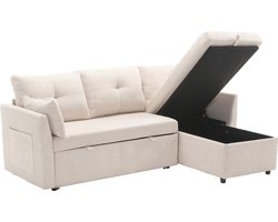 Merax Hoekbank met Slaapfunctie en Opbergruimte – L-vormige Slaapbank met Chaise Longue – Modulaire 3-Zits Bank 206 cm – Beige Velvet