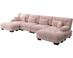 Merax Hoekbank U-vorm 4-zits – Modulaire Bankstel met Hocker – Chenille Roze
