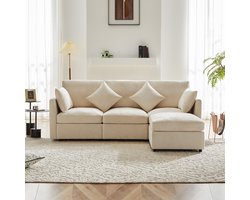 Merax Hoekbank voor 4 Personen - Chenille Stof Bankstel - L-vormig Bank - Verstelbare Hocker - Beige