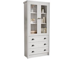 Merax Hoge Opbergkast Met Glazen Deuren En Lades 80x34x171 cm – Houtlook Kast Met 3 Schuiven En Vitrinedeuren Voor Woonkamer Hal Of Kantoor