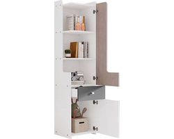 Merax Hoog Boekenrek voor Tienerkamer met L-vormige Deur en Lade – MDF - Twee Kleurcombinaties: Wit - Licht Eiken en Grijs – Opbergkast met Scharnierdeuren en Vierkante Metaalknoppen