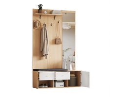 Merax Hoog Garderobekast 120x40x200 cm met Spiegel en Zitbank - Halmeubel met 2 Lades en 1 Kast - Haken en Opbergrek – Wit met Bruin en Zwart