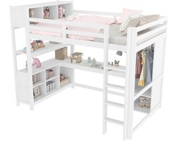 Merax Hoogslaper 140x200 cm – Houten Bed met Bureau - Kast en Open Planken – Halfhoogslaper met Opbergruimte – Wit – Zonder Matras