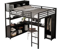 Merax Hoogslaper 140x200 cm - Met Bureau en Kast - Metalen Bed met Opbergruimte - Zwart