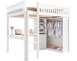 Merax Hoogslaper 140x200 cm - met Bureau - Kast - 3 Lades - Trap - Houten Bed met Opbergruimte - Kinderbed met Bureau - Wit - Zonder Matras