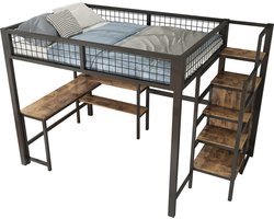 Merax Hoogslaper 140x200 cm – Metalen Bed met Bureau - Regalen - Ingebouwde Kast en Opbergruimte – Zwart/Donkerbruin