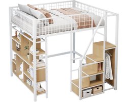 Merax Hoogslaper 140x200 cm - Metalen Bed met Opbergruimte - Trap met Lades - Bureau en Opbergvakken - Bed voor Volwassenen en Kinderen - Wit