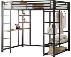 Merax Hoogslaper 140x200 cm – Metalen Juniorbed met Ladder - Bureau - Kast en Opbergrekken - Zwart
