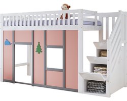 Merax Hoogslaper 90x200 cm - Kinderbed Met Opbergtrap - Speelruimte - LED Verlichting - Veiligheidshek - Houten Lattenbodem - Wit En Roze