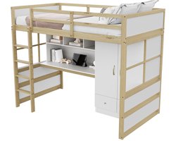 Merax Hoogslaper 90x200 cm - Massief Houten Jeugdbed - Kinderbed met Bureau - Kast en Laden - Naturel Hout Bruin met Wit