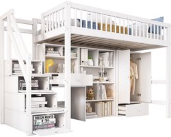Merax Hoogslaper 90x200 cm met Bureau en Opbergruimte - Kinderbed met Kledingkast en Lade - Eenpersoonsbed - Massief Hout - Wit