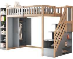 Merax Hoogslaper 90x200 met Kast en Trap met Opbergruimte – Grijs met Naturel Hout Bruin