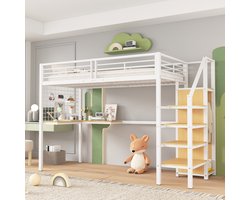 Merax Hoogslaper 90x200 Wit Naturel – Kinderbed met Bureau Kast en Trap – Metalen Bedframe en Houten Elementen – Ruimtebesparend Jeugdbed