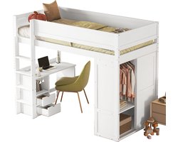 Merax Hoogslaper met Bureau - Kast en Schuifladen - Kinderbed van Hout en MDF - 90x200 cm - Wit