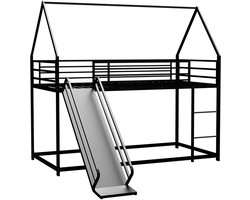 Merax Hoogslaper met Glijbaan – Huisbed 90x200 – Zwart Metalen Bed met Ladder en Uitvalbeveiliging