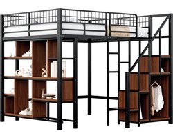 Merax Hoogslaper Tweepersoonsbed 140x200 cm – Metalen Bed met Opbergruimte - Zwart