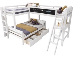 Merax Hoogslaper voor Drie Kinderen - Stapelbed met Schuiflades - Bureau en Opbergrek - 140x200 cm en 90x200 cm - Wit