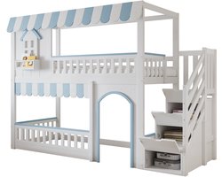 Merax Hoogslaper voor Kinderen 90x200 - Bed in Huisvorm - met Trapkast en Opbergruimte - Hout - Wit met Blauw