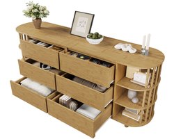 Merax Houten Dressoir 160x40x75 cm – Ovale Ladekast met 6 Lades en Open Vakken – Elegant Retro Ontwerp in Licht Eiken Bruin