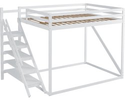 Merax Houten Hoogslaper 140x200 cm met Veiligheidsladder - Bed voor Kinderen - Jongeren en Volwassenen - Wit