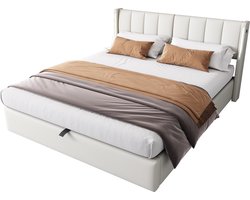 Merax Hydraulisch Gestoffeerd Bed 140x200 cm met LED Verlichting - USB Type-C Oplaadpoort - Verstelbaar Hoofdbord en Opbergruimte - Wit PU Leer (Exclusief Matras)