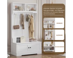 Merax Kapstok met Zitbank en Opbergruimte – Garderobekast met Schoenenkast – 4 Haken en 2 Open Vakken – Halmeubel 101,5x183 cm – Wit