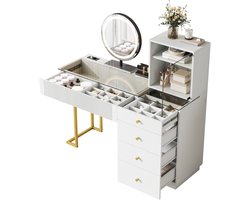 Merax Kaptafel met LED-Spiegel en Glazen Blad – 5 Lades + Kast – Wit – Make-up Tafel / Toilettafel 120 × 40 × 120 cm