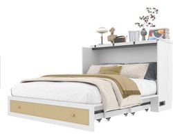 Merax Kastbed 140x200 – Opklapbaar Bed met Lade en Hoofdbord Plank – USB-poort en Stopcontact – Ruimtebesparend Opklapbed – Wit met Goud