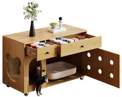 Merax Kattenbak Kast - Houten Kattenmeubel met Opberglades en Ventilatiegaten - Kattenhuis met Afneembare Zandplaat - 100×45×66 cm - Natuurlijke Houtkleur