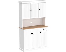 Merax Keuken Buffetkast met Magnetronblad – Hoge Opbergkast met 6 Deuren - 1 Lade en Verstelbare Planken – Vrijstaande Keukenkast met Kabeldoorvoer – Wit